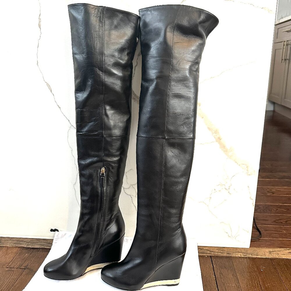 CHANEL 15B Lambskin Leather Tall Over The Knee High Wedge Heel Boots